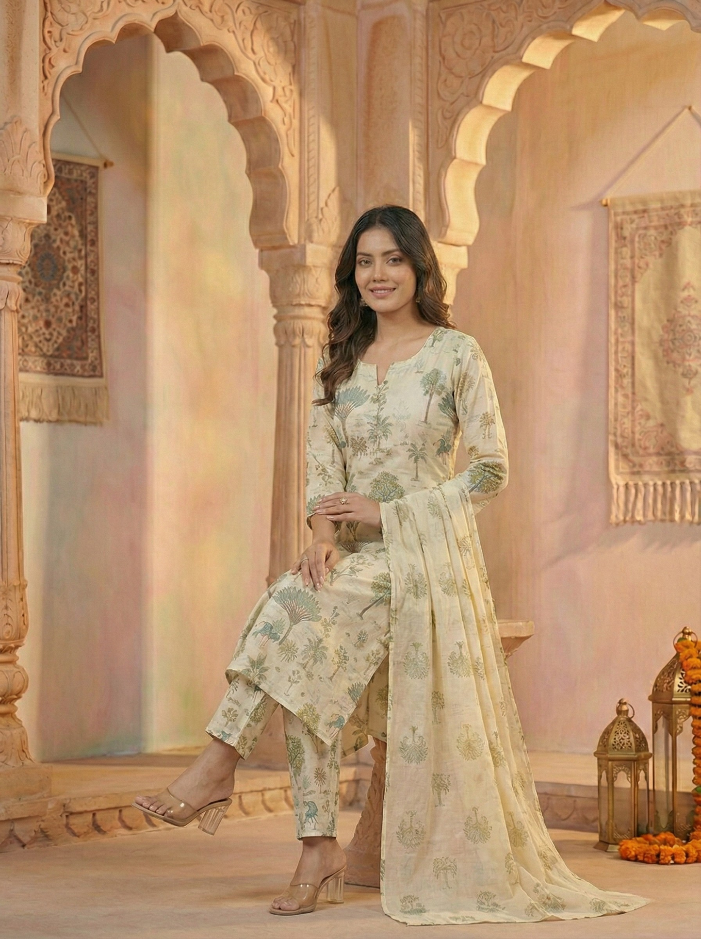 Women's Cream Cotton Kurti Suit with Green Tree Block Print