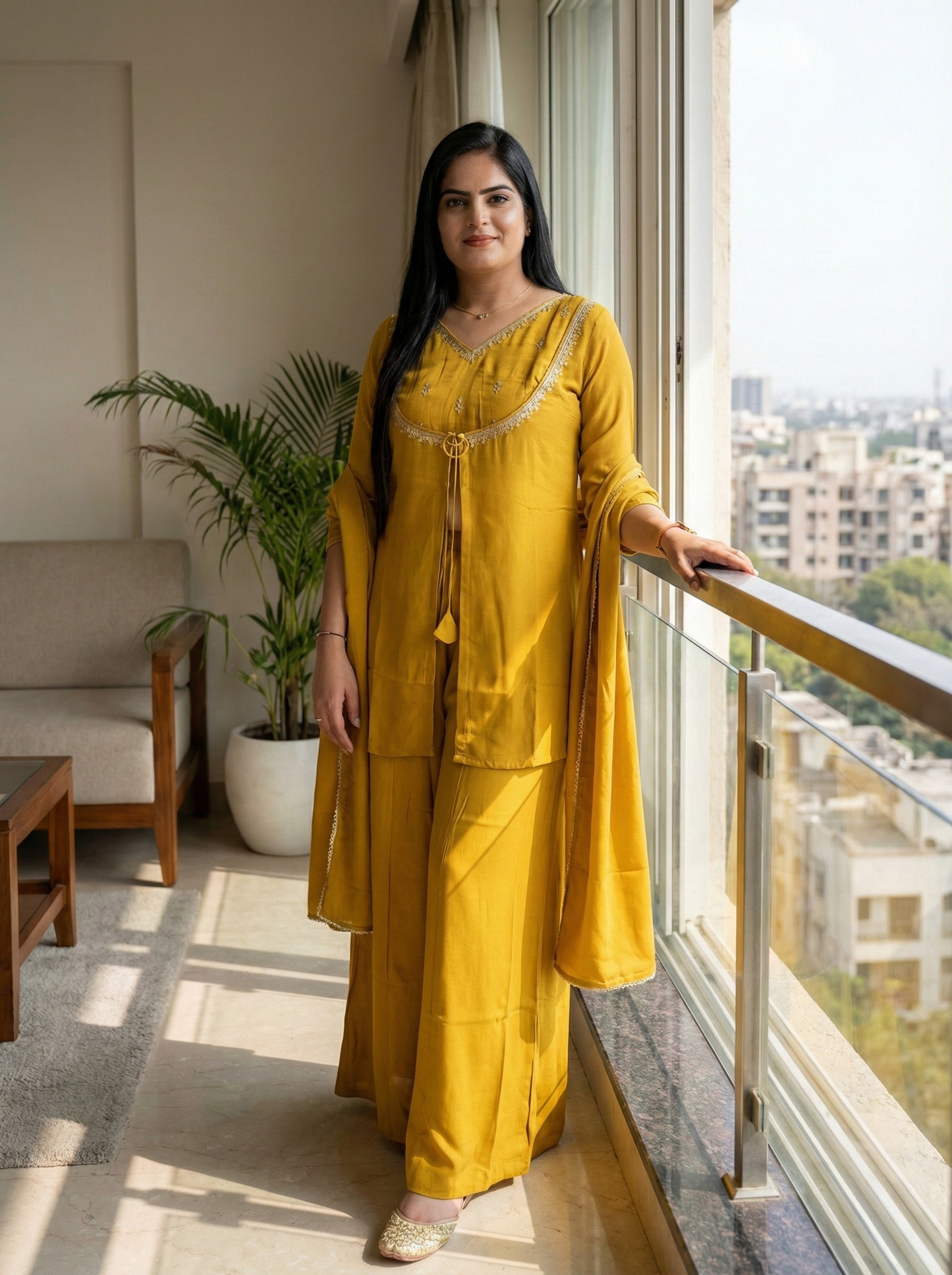Woman wearing mustard yellow ethnic suit set with dupatta indoors, House Of Kovi festive wear