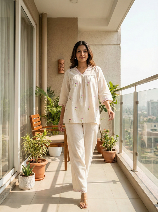 Off white co-ord set for summers cotton for women