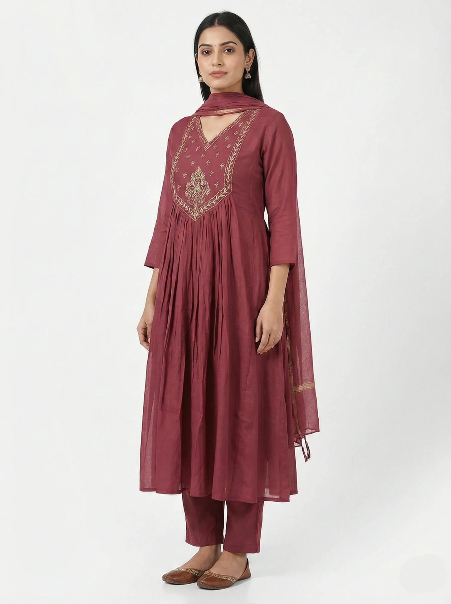 Cherry colour suit with tari work