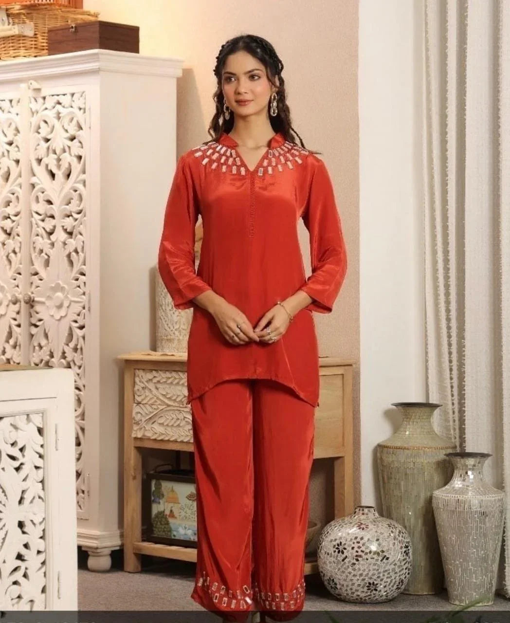orange co-ord set with neck work