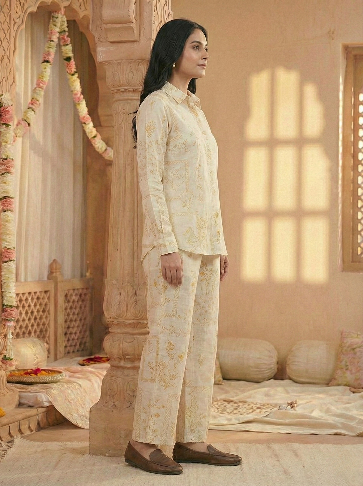 off white self printed cotton co-ord set for women