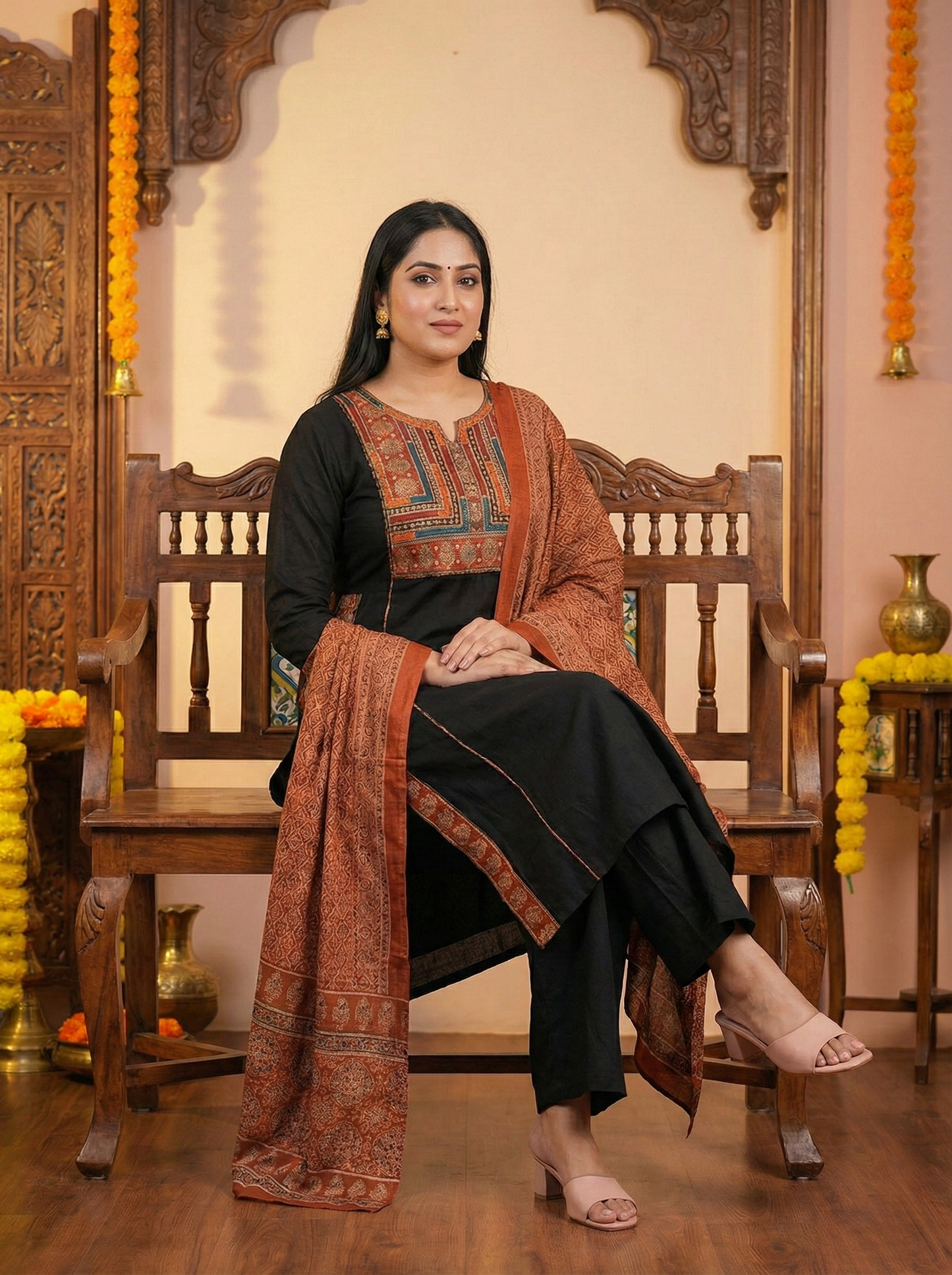 Elegant Black Embroidered Kurta Pant Set with Printed Rust Dupatta suit