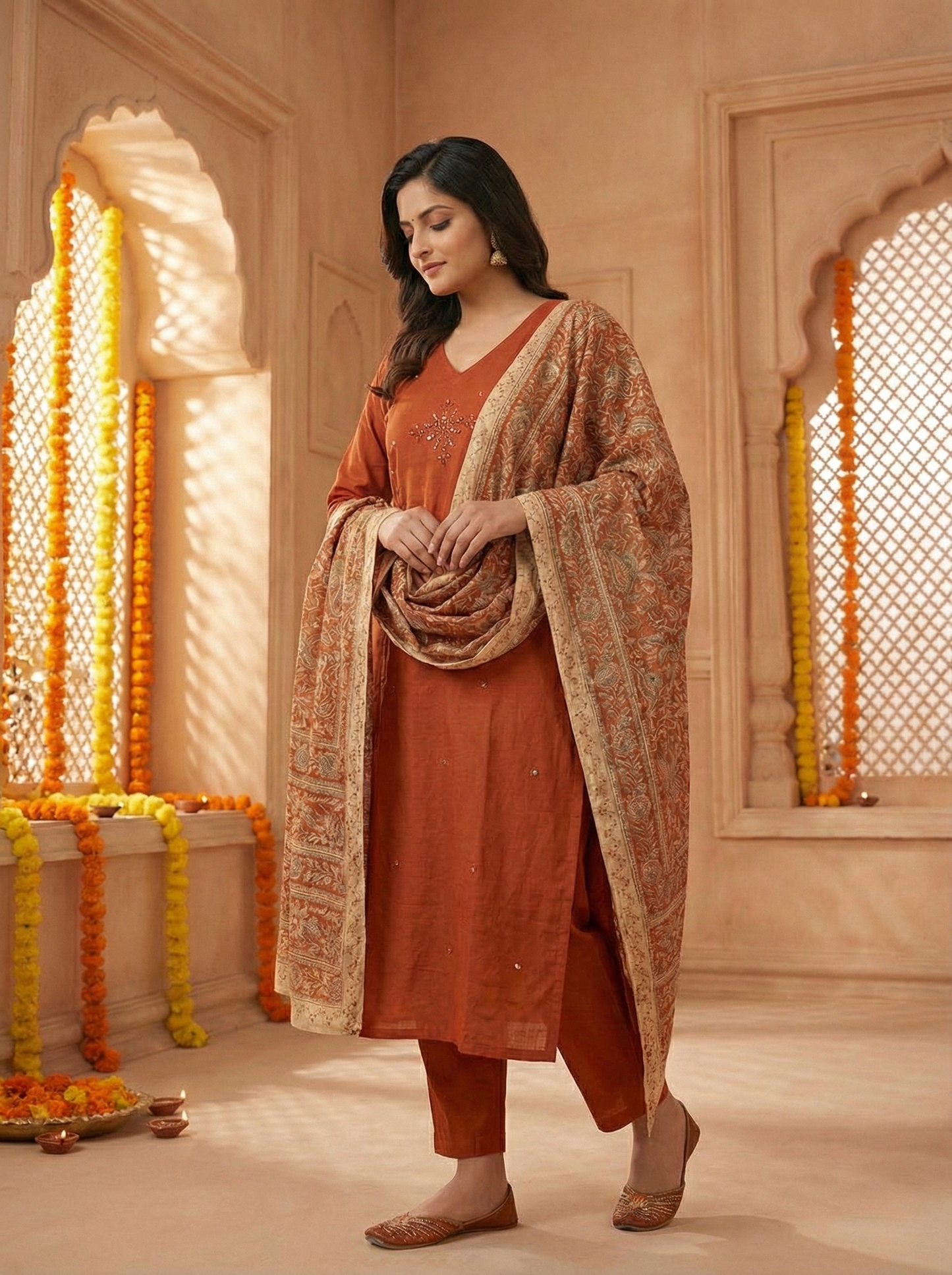Rust Orange cotton Blend Kurta Pant Set with Heavy Paisley Embroidered Dupatta | Festive Ethnic Wear suit for Women