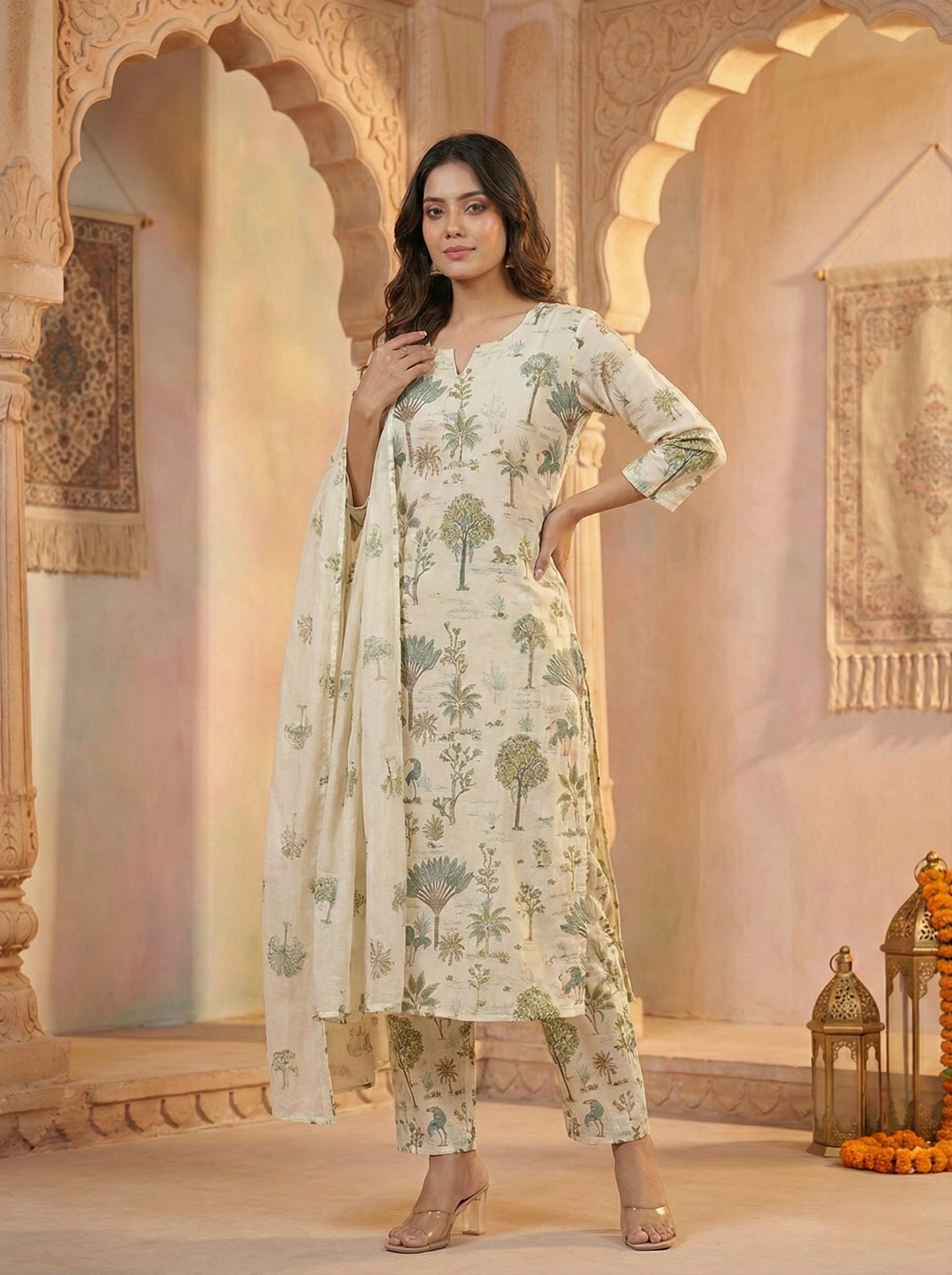 Women's Cream Cotton Kurti Suit with Green Tree Block Print
