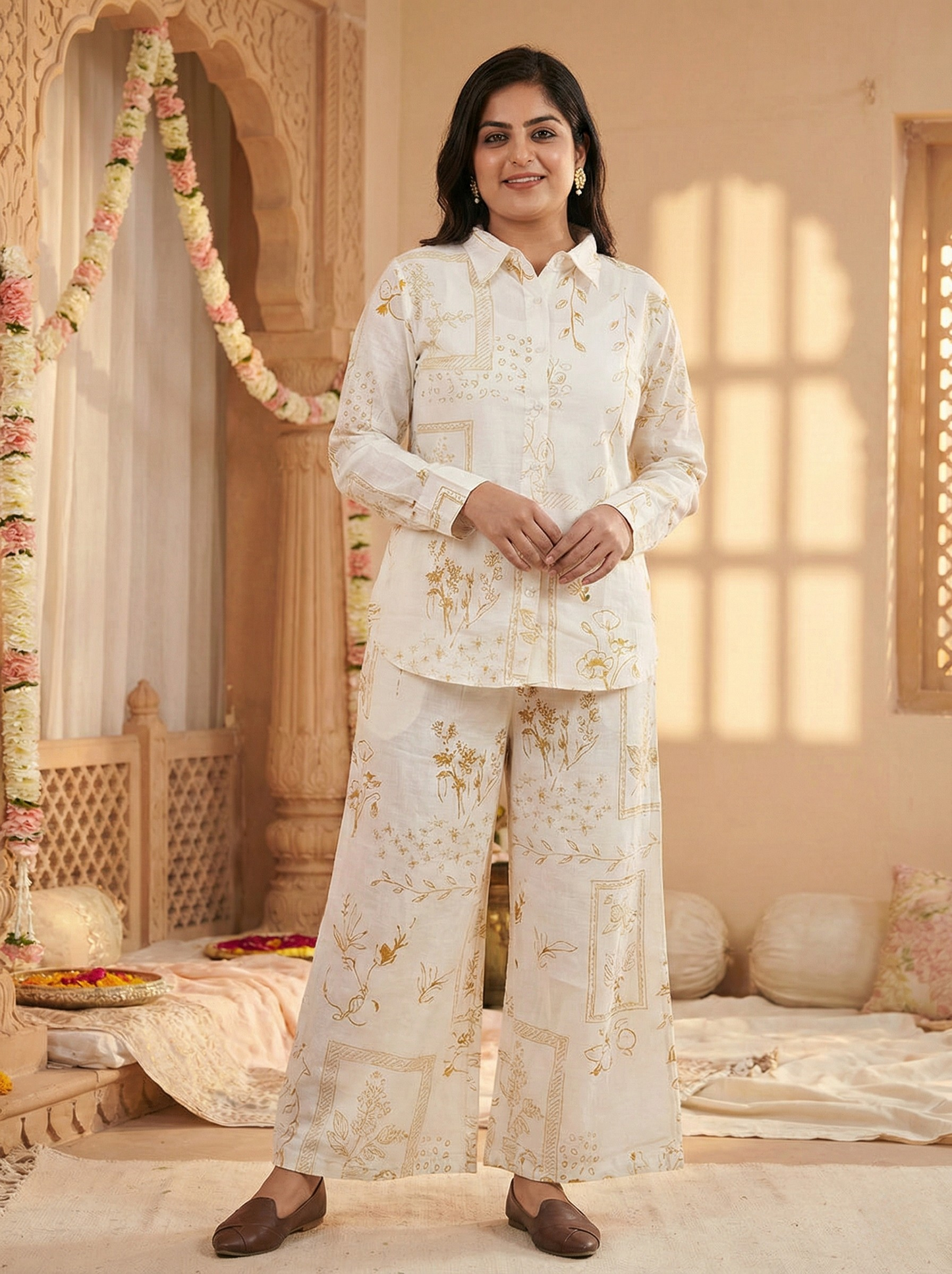 off white self printed cotton co-ord set for women