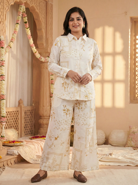 off white self printed cotton co-ord set for women