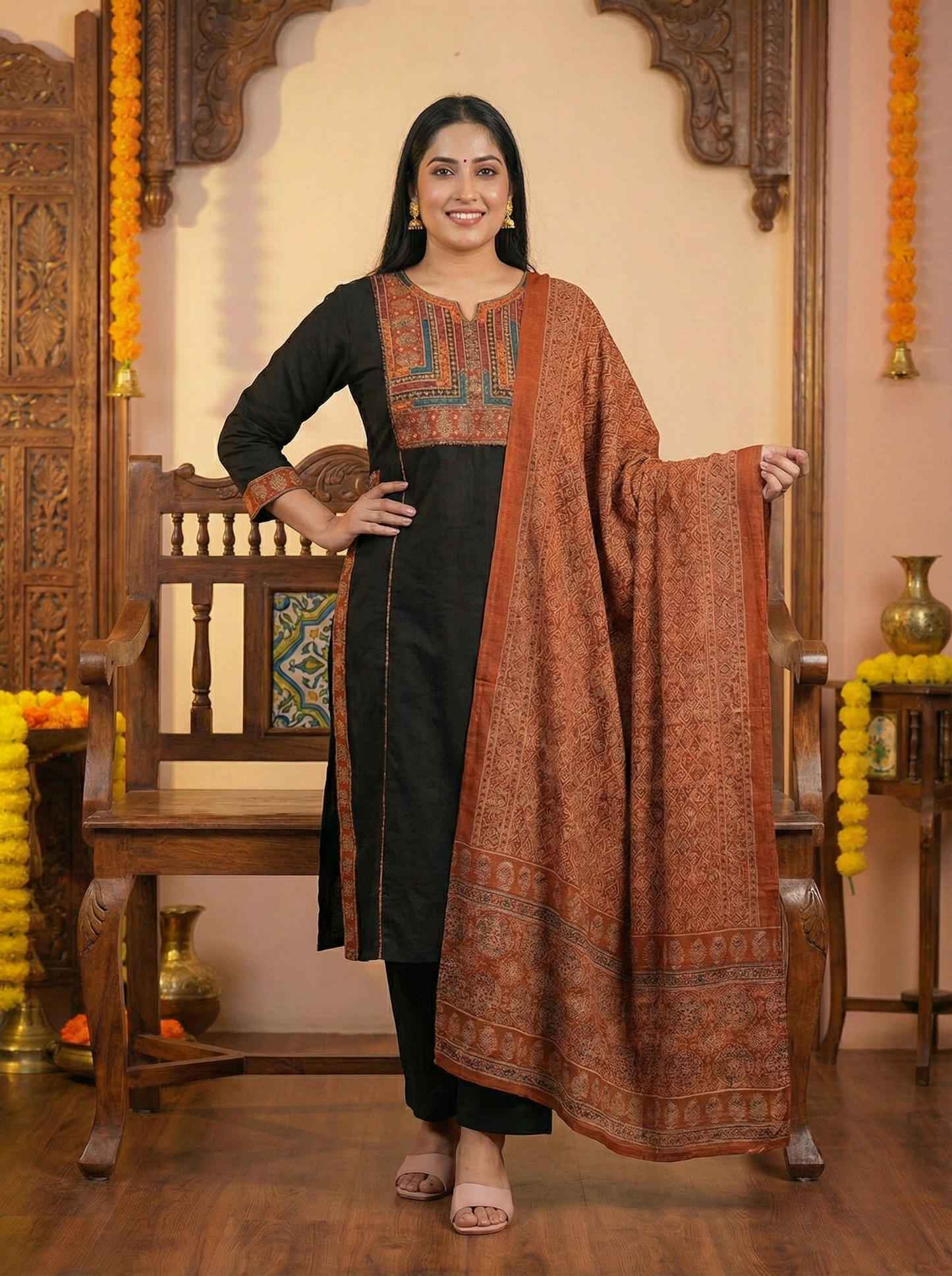 Elegant Black Embroidered Kurta Pant Set with Printed Rust Dupatta suit