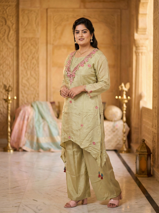 Women's Pistachio Green Silk Blend Embroidered Asymmetric Kurti Palazzo Set | Festive Party Wear Ethnic Suit