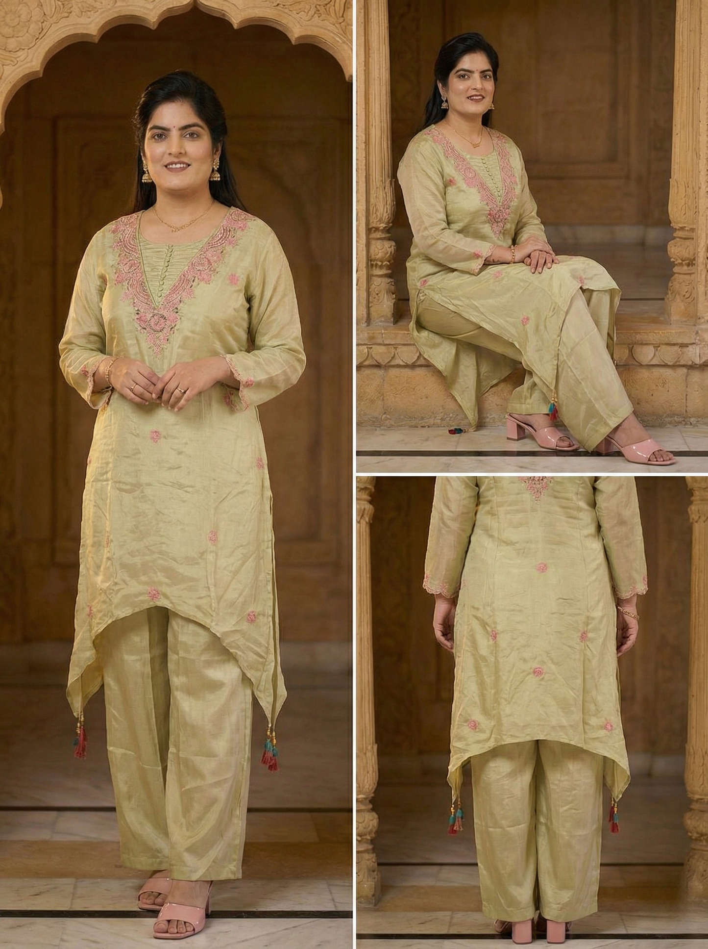 Women's Pistachio Green Silk Blend Embroidered Asymmetric Kurti Palazzo Set | Festive Party Wear Ethnic Suit
