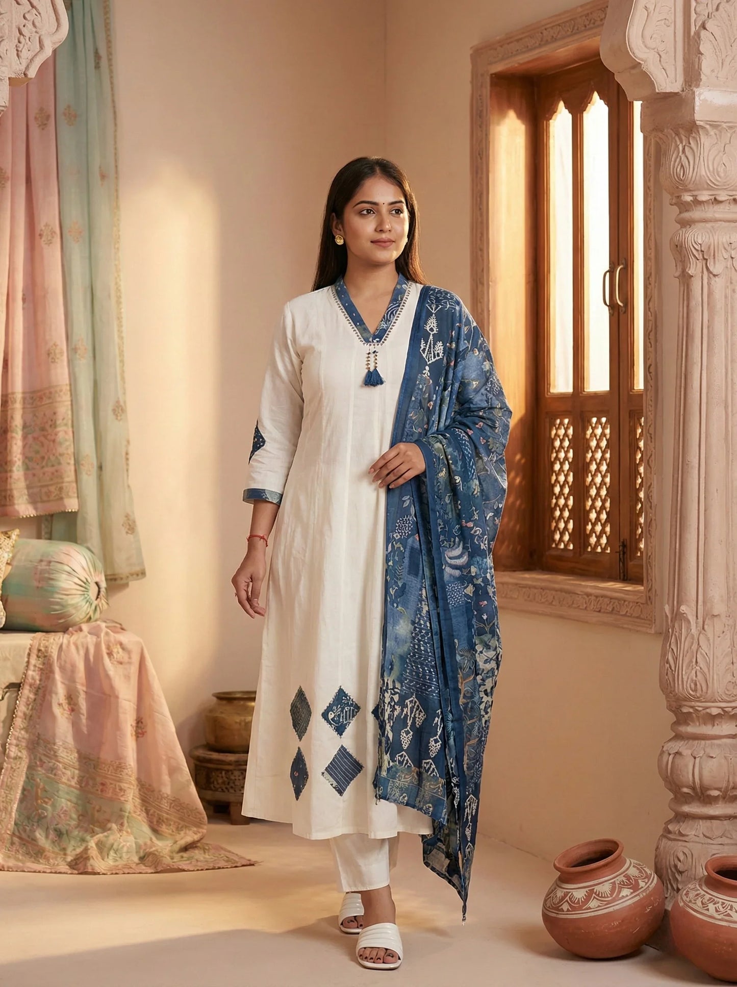 Cotton white and blue suit