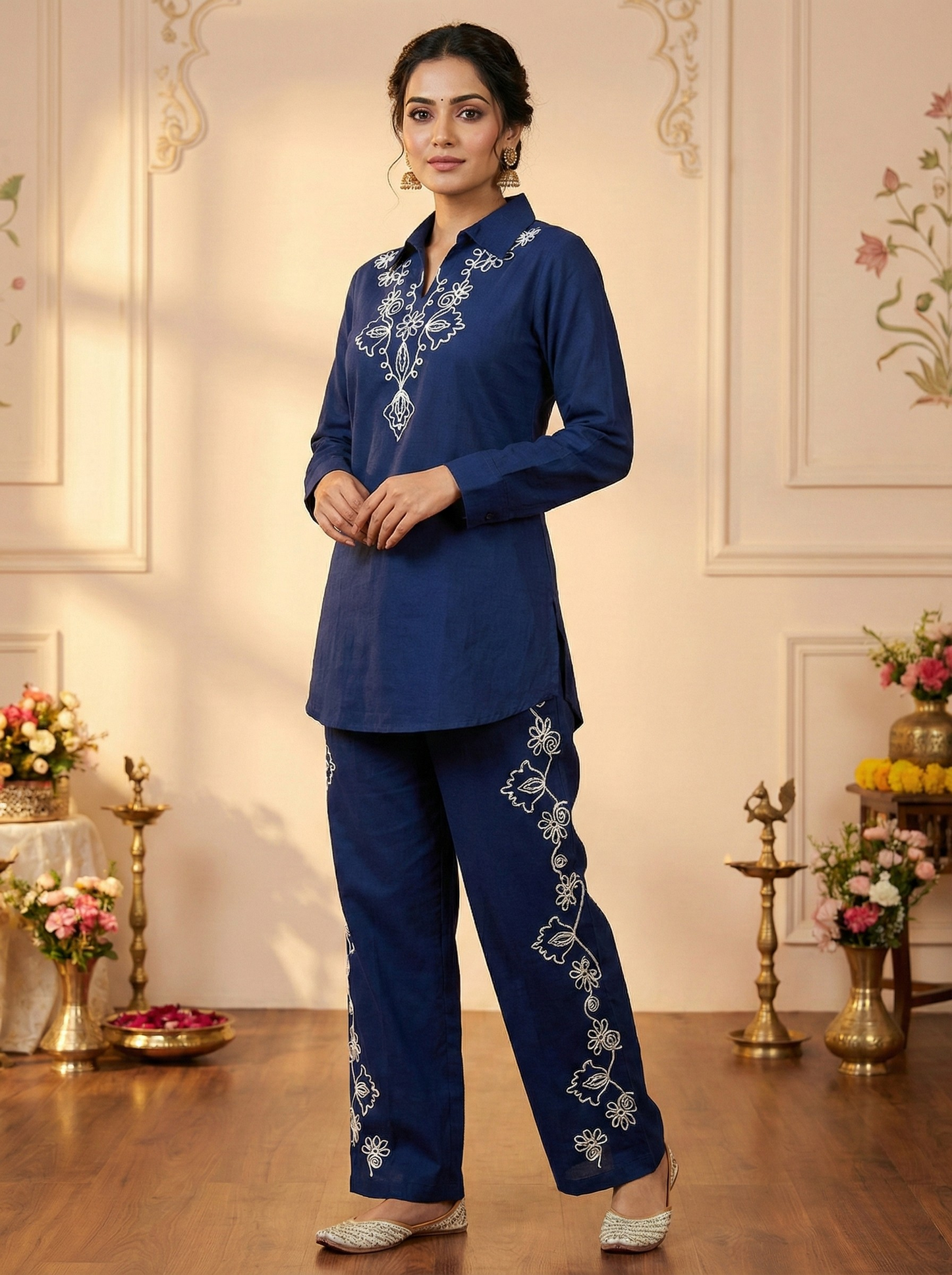 Midnight Sapphire' Navy Blue Embroidered Shirt-Collar Co-ord Set