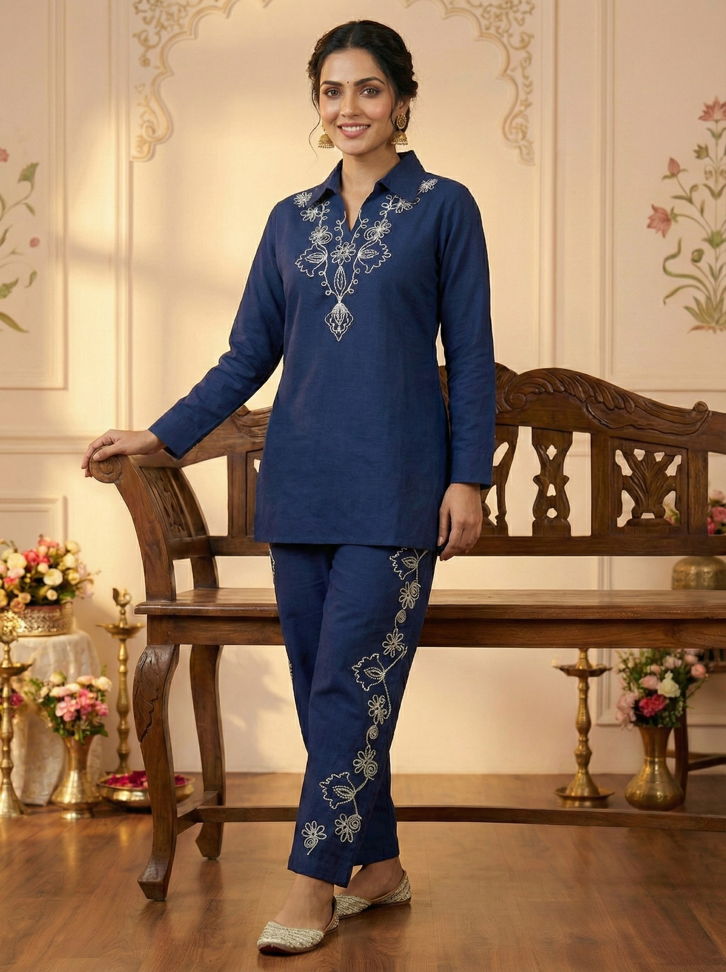 Midnight Sapphire' Navy Blue Embroidered Shirt-Collar Co-ord Set