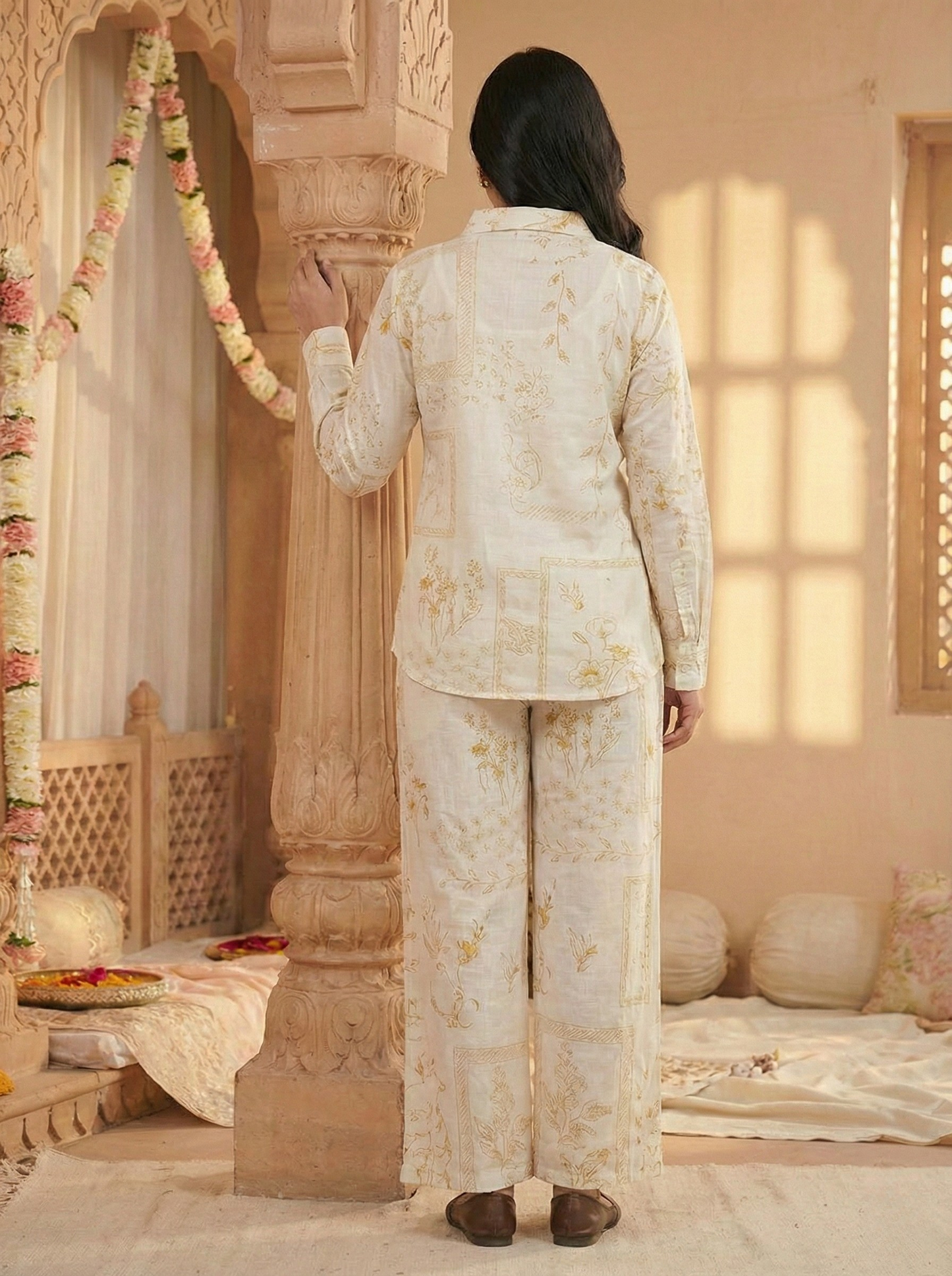 off white self printed cotton co-ord set for women