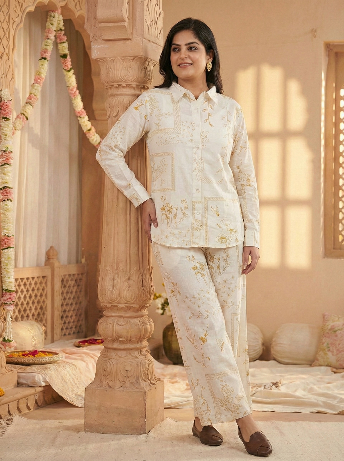 off white self printed cotton co-ord set for women