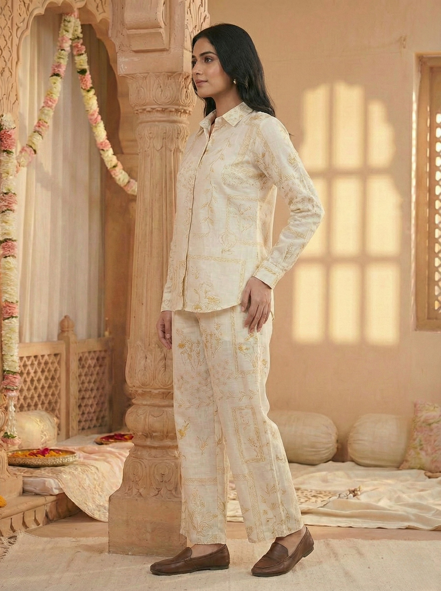 off white self printed cotton co-ord set for women