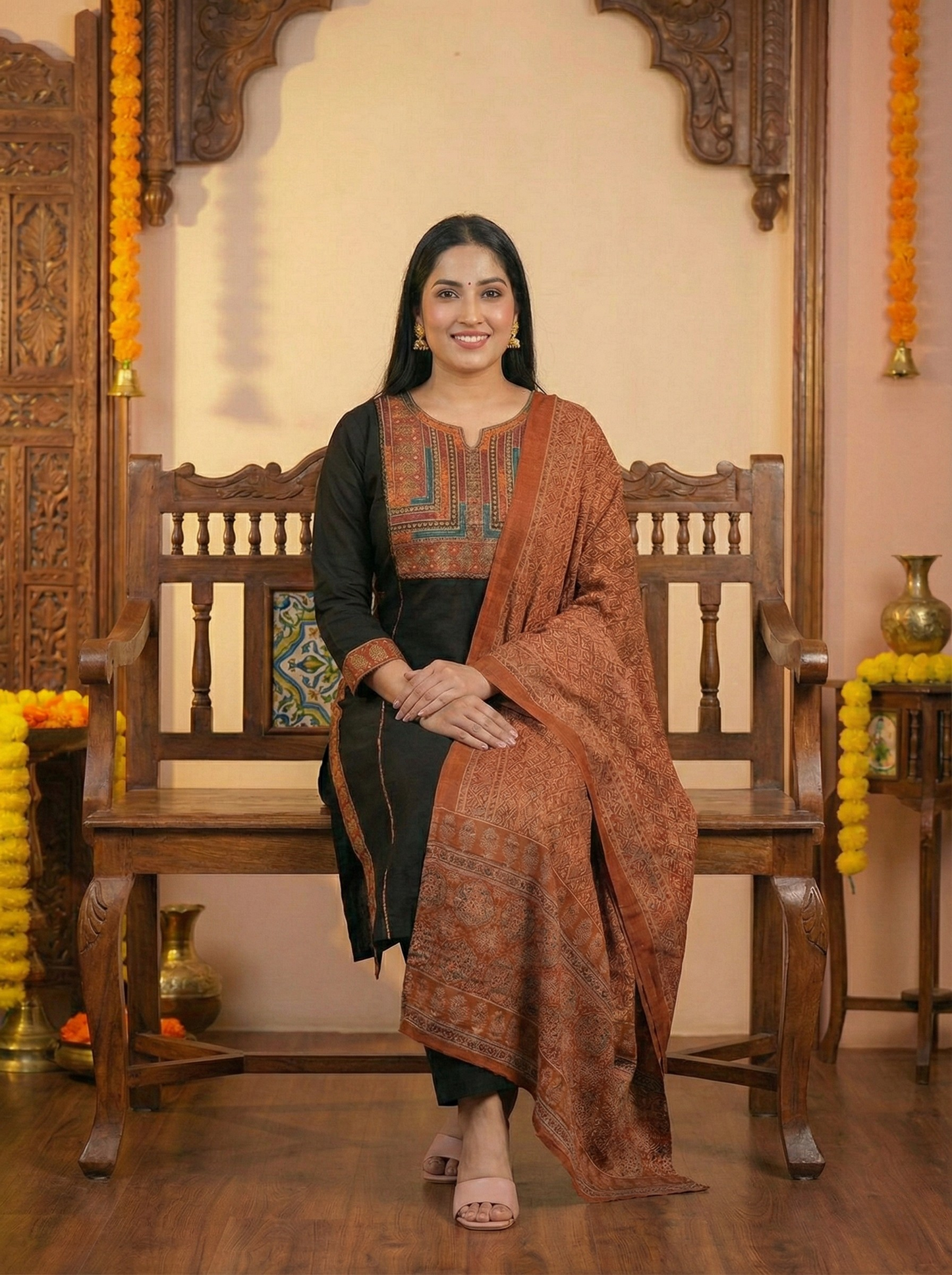 Elegant Black Embroidered Kurta Pant Set with Printed Rust Dupatta suit