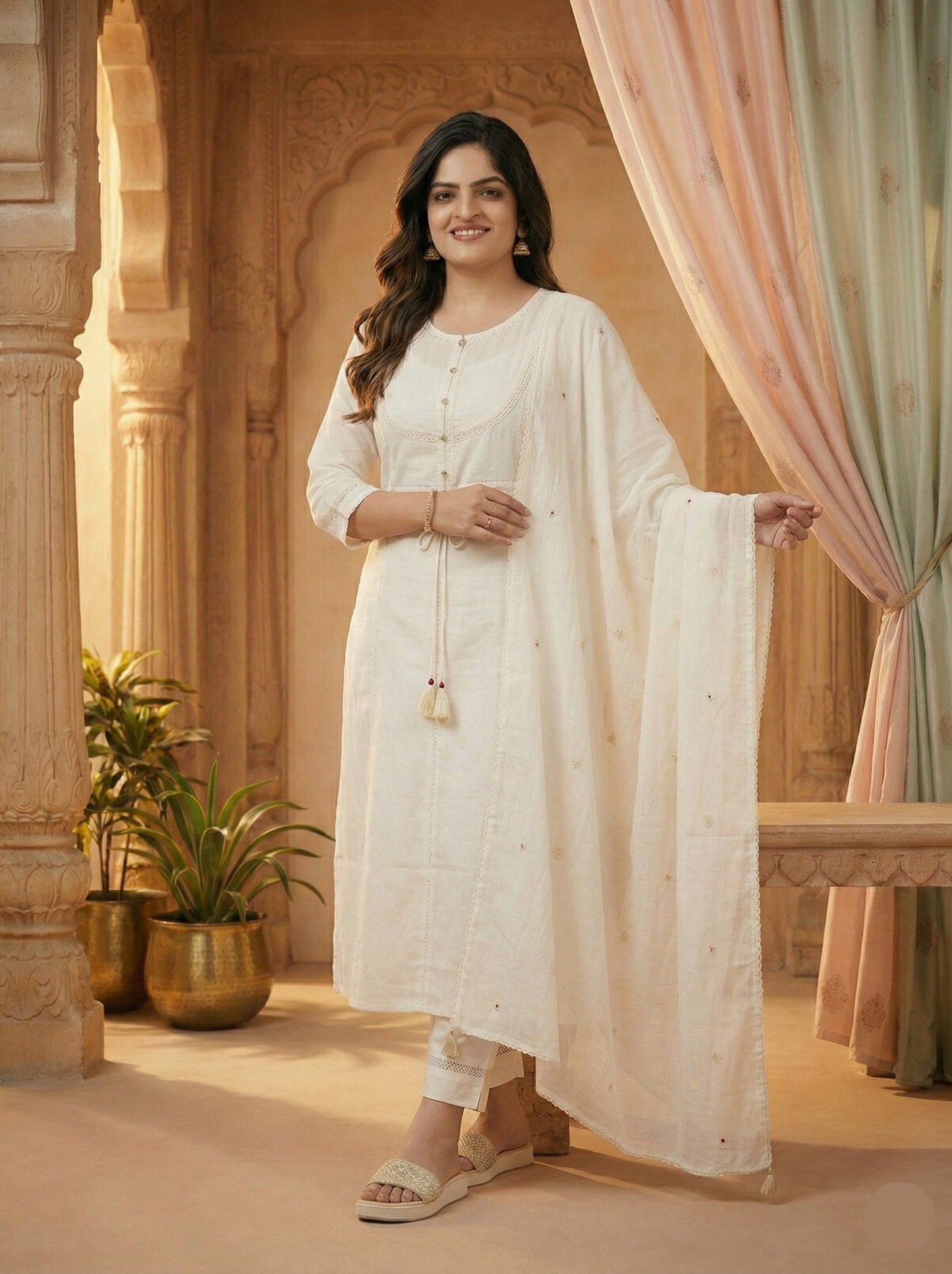 Woman in a white traditional outfit standing in a decorated room with plants and curtains.