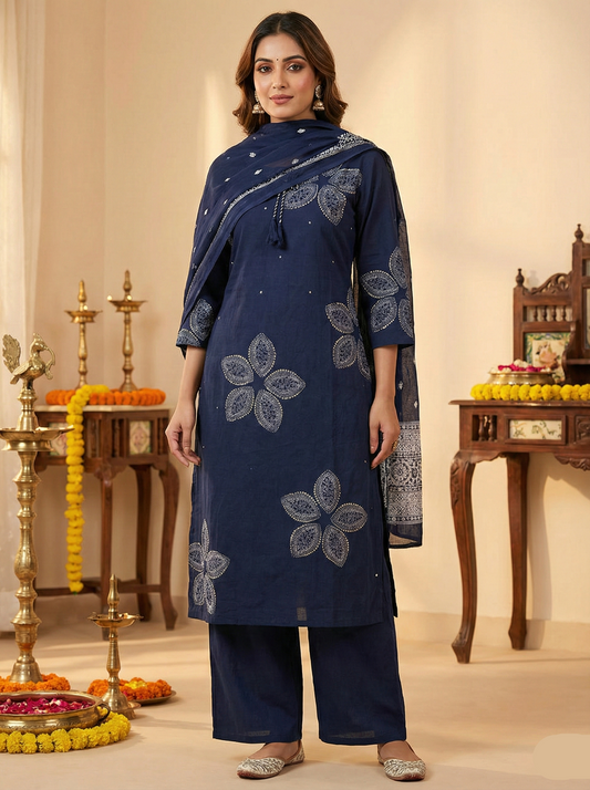 Elegant Navy Blue Cotton Floral Embroidered Kurta Palazzo Set with Dupatta - Festive Wear suit