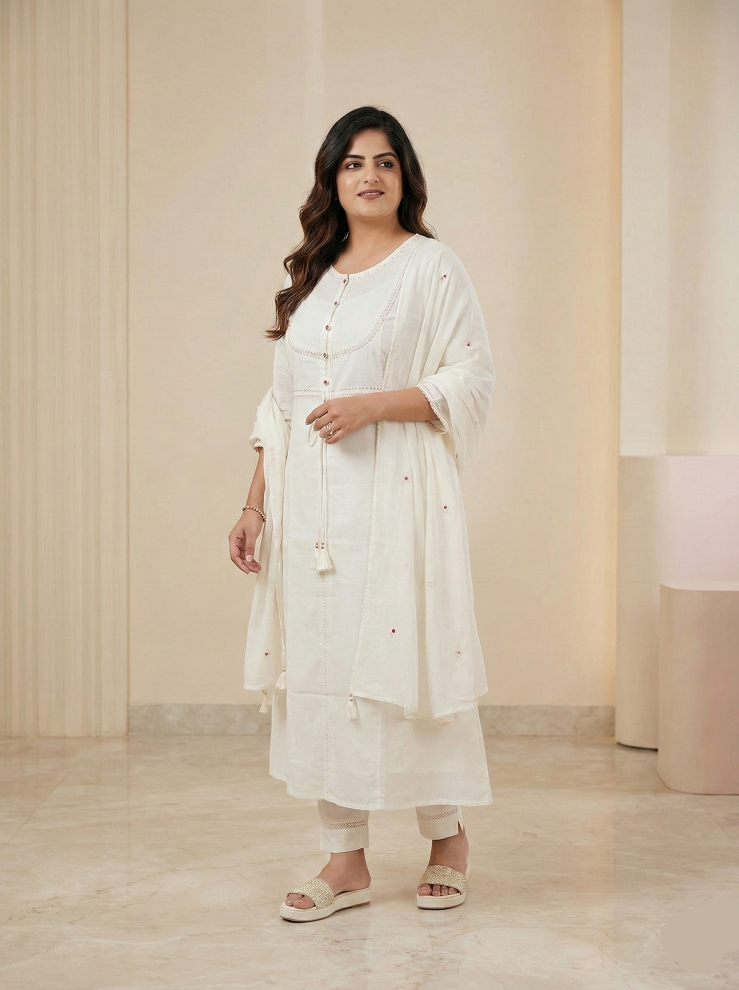 Off-White Cotton Linen Kurta Set with Delicate Embroidery & Lace Dupatta – Women's Elegant Casual Summer Ethnic Wear suit