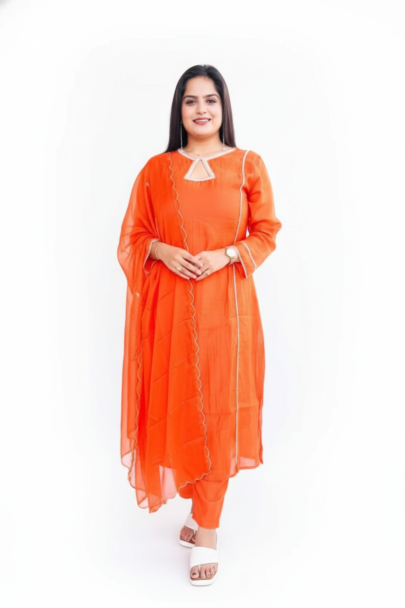 Designer neck line orange suit