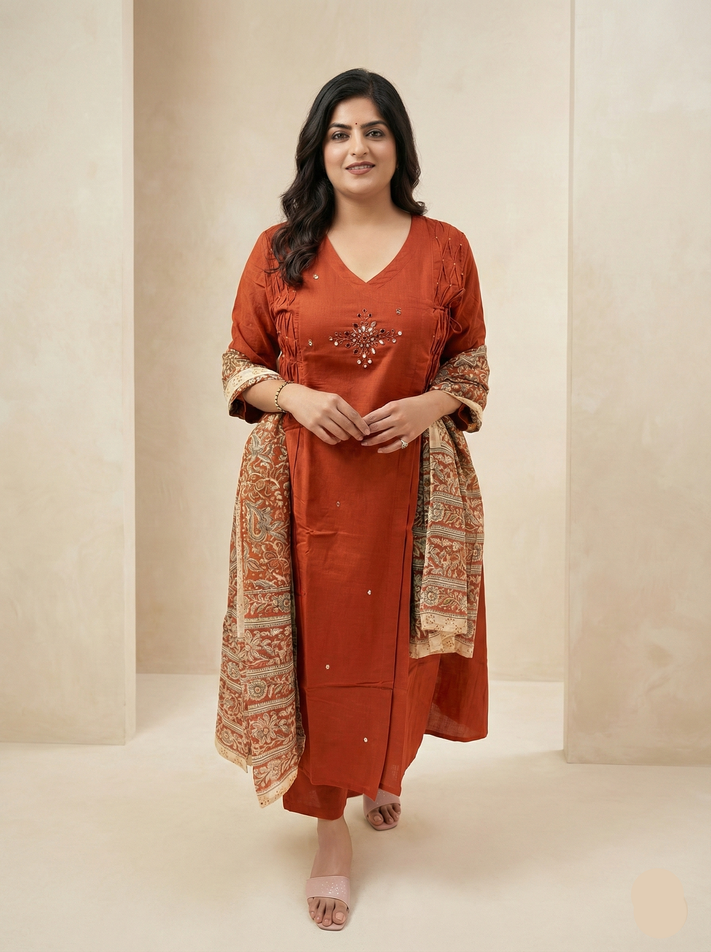 Rust Orange cotton Blend Kurta Pant Set with Heavy Paisley Embroidered Dupatta | Festive Ethnic Wear suit for Women