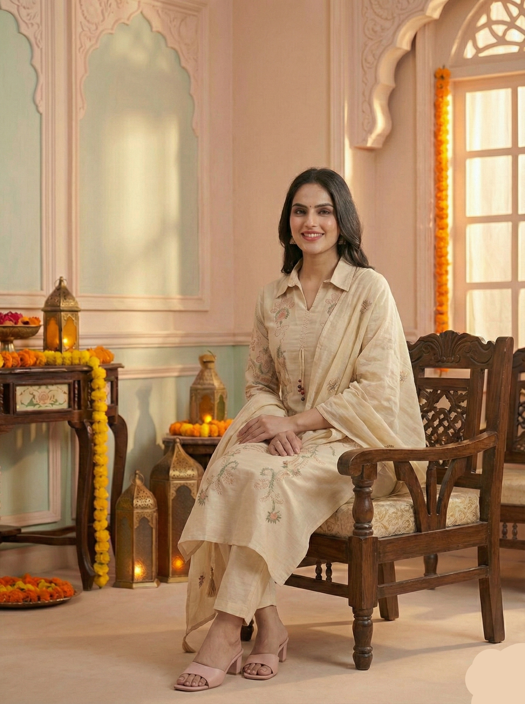 Woman in a traditional outfit sitting in a decorated room with ornate architecture.