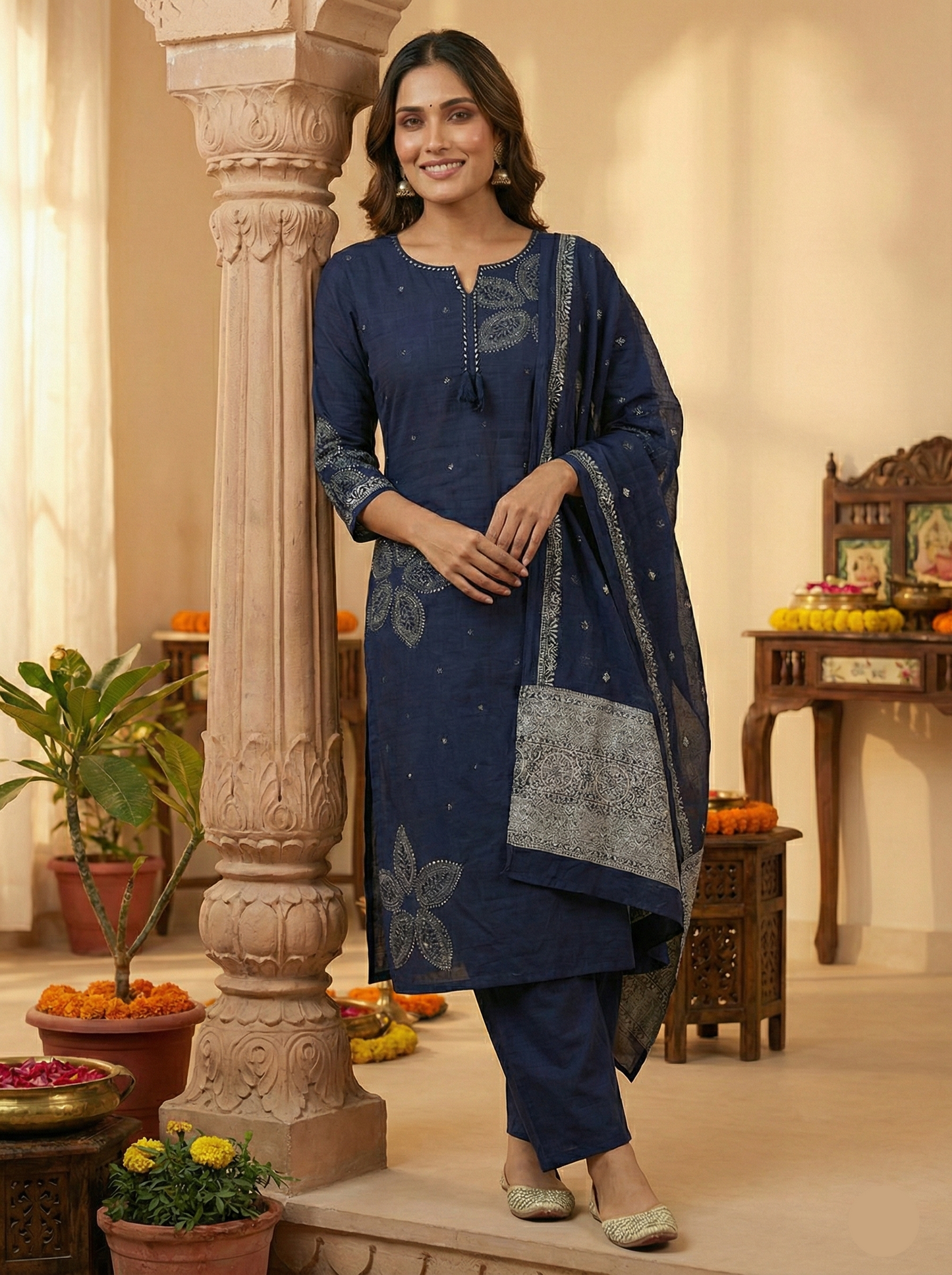 Woman in a blue traditional outfit standing in a decorated indoor setting.