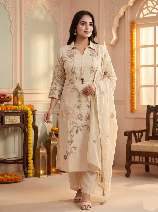 Woman in a traditional outfit standing in a decorated room with floral arrangements.
