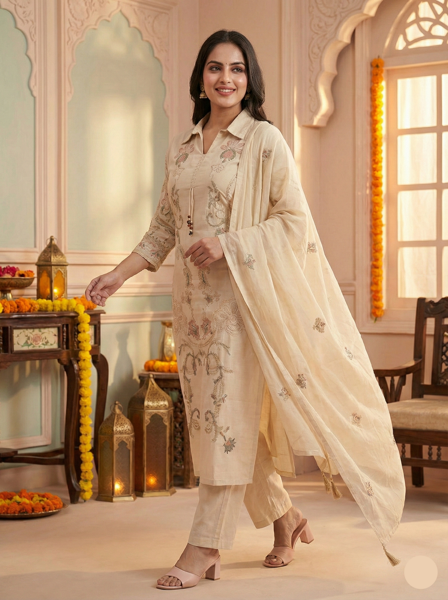 Women's Beige Cotton Kurta Set with Floral Thread Embroidery and Shirt Collar suit