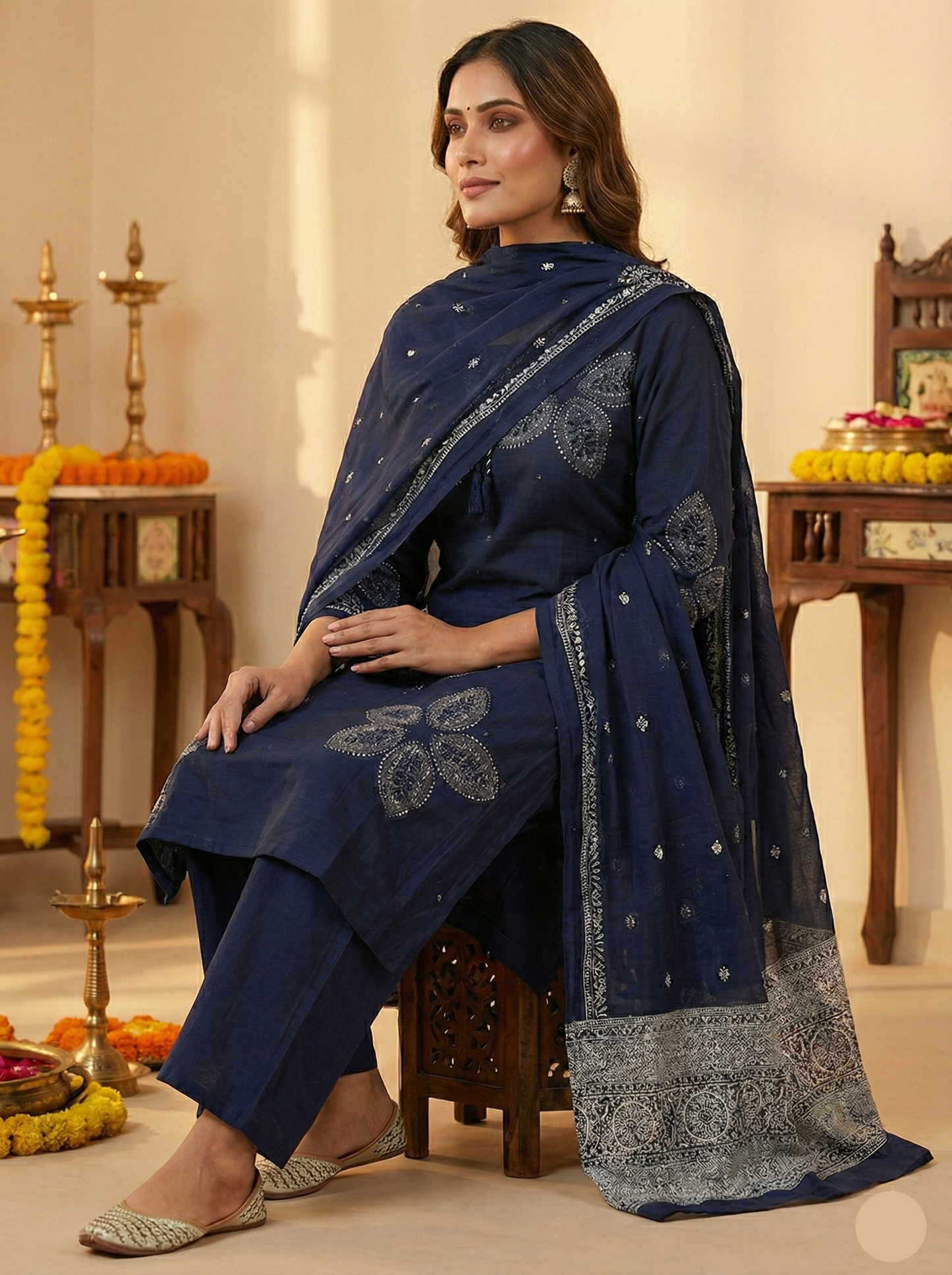 Elegant Navy Blue Cotton Floral Embroidered Kurta Palazzo Set with Dupatta - Festive Wear suit