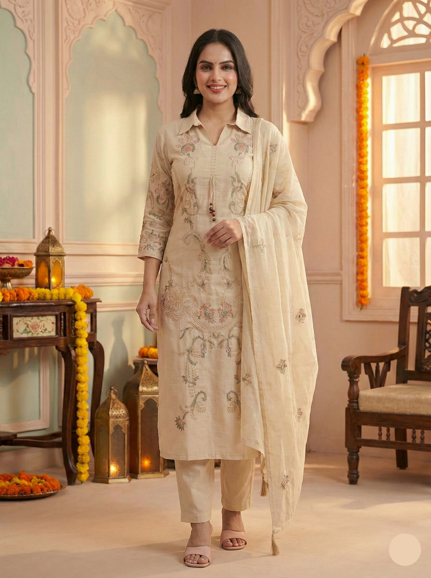Women's Beige Cotton Kurta Set with Floral Thread Embroidery and Shirt Collar suit