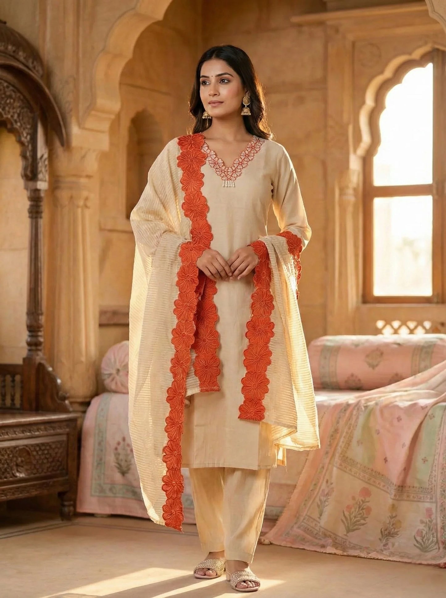 cream colour suit with Tissue duppta