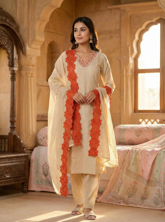 cream colour suit with Tissue duppta