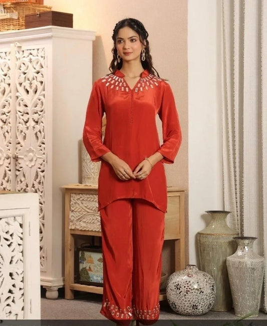 orange co-ord set with neck work