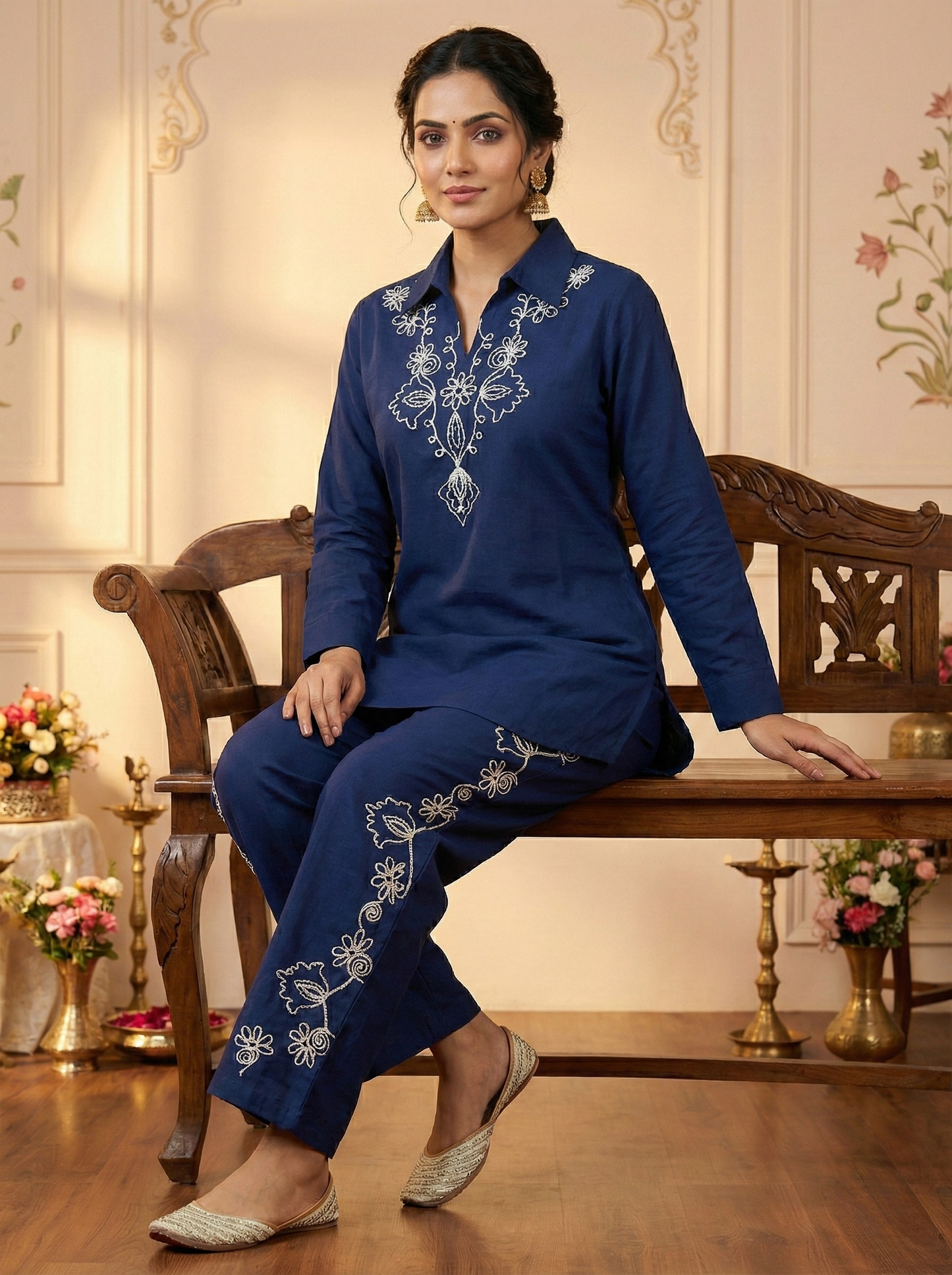 Midnight Sapphire' Navy Blue Embroidered Shirt-Collar Co-ord Set