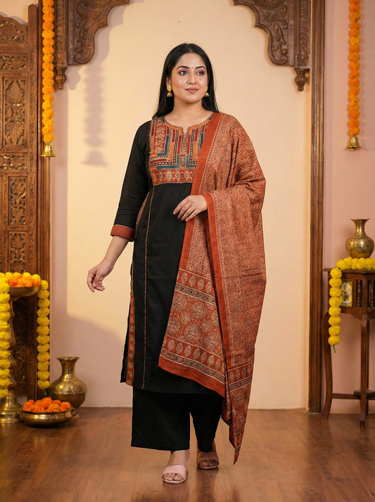 Elegant Black Embroidered Kurta Pant Set with Printed Rust Dupatta suit