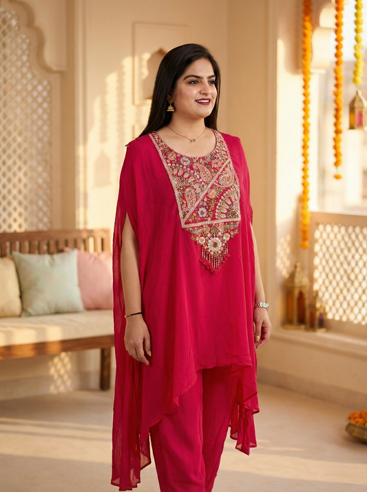 Pink co-ord set heavy work neck line