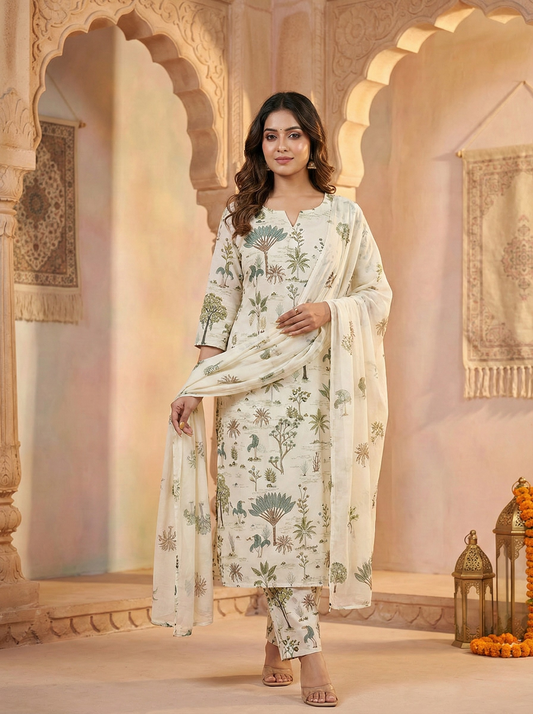 Women's Cream Cotton Kurti Suit with Green Tree Block Print