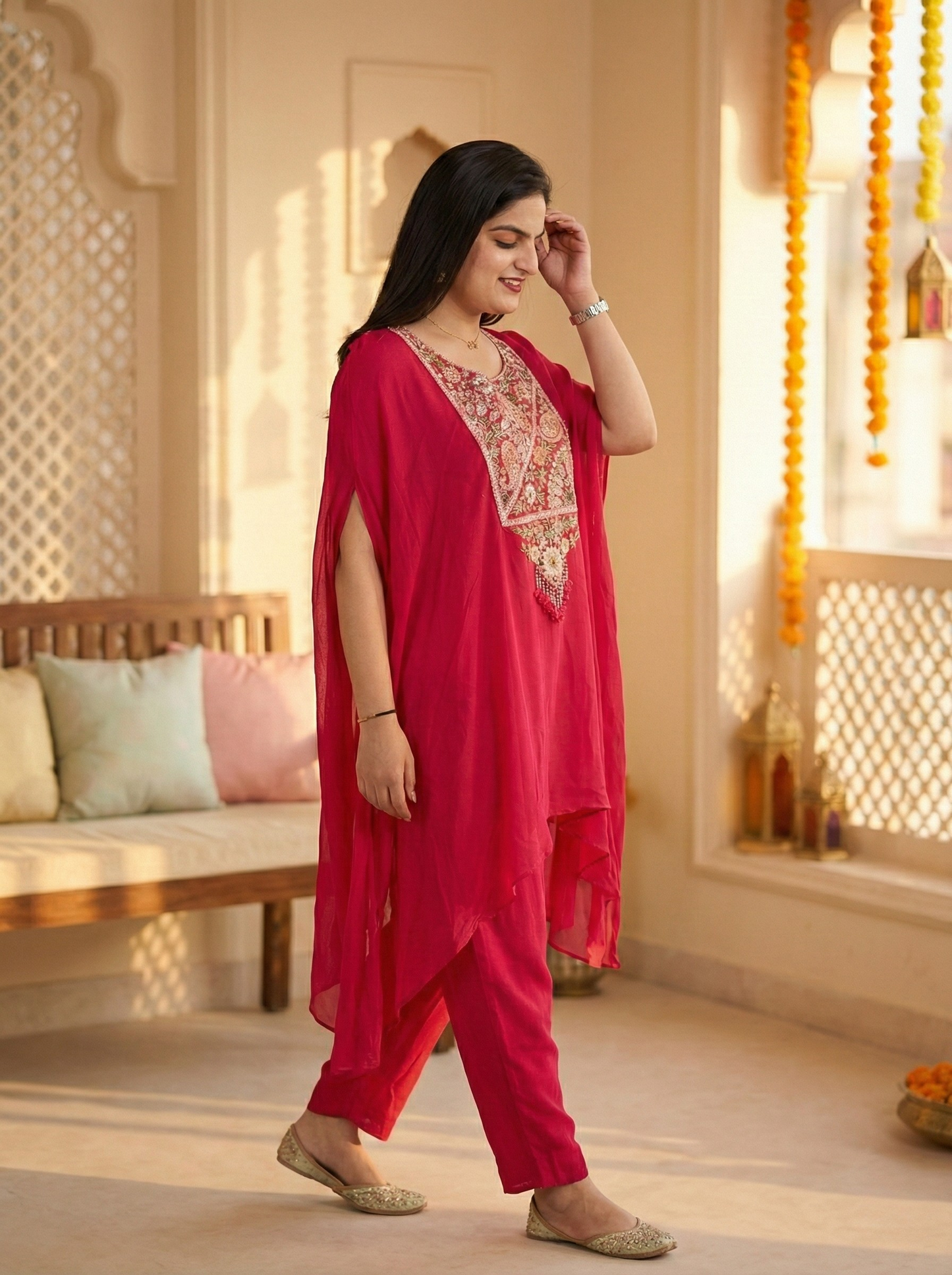 Pink co-ord set heavy work neck line