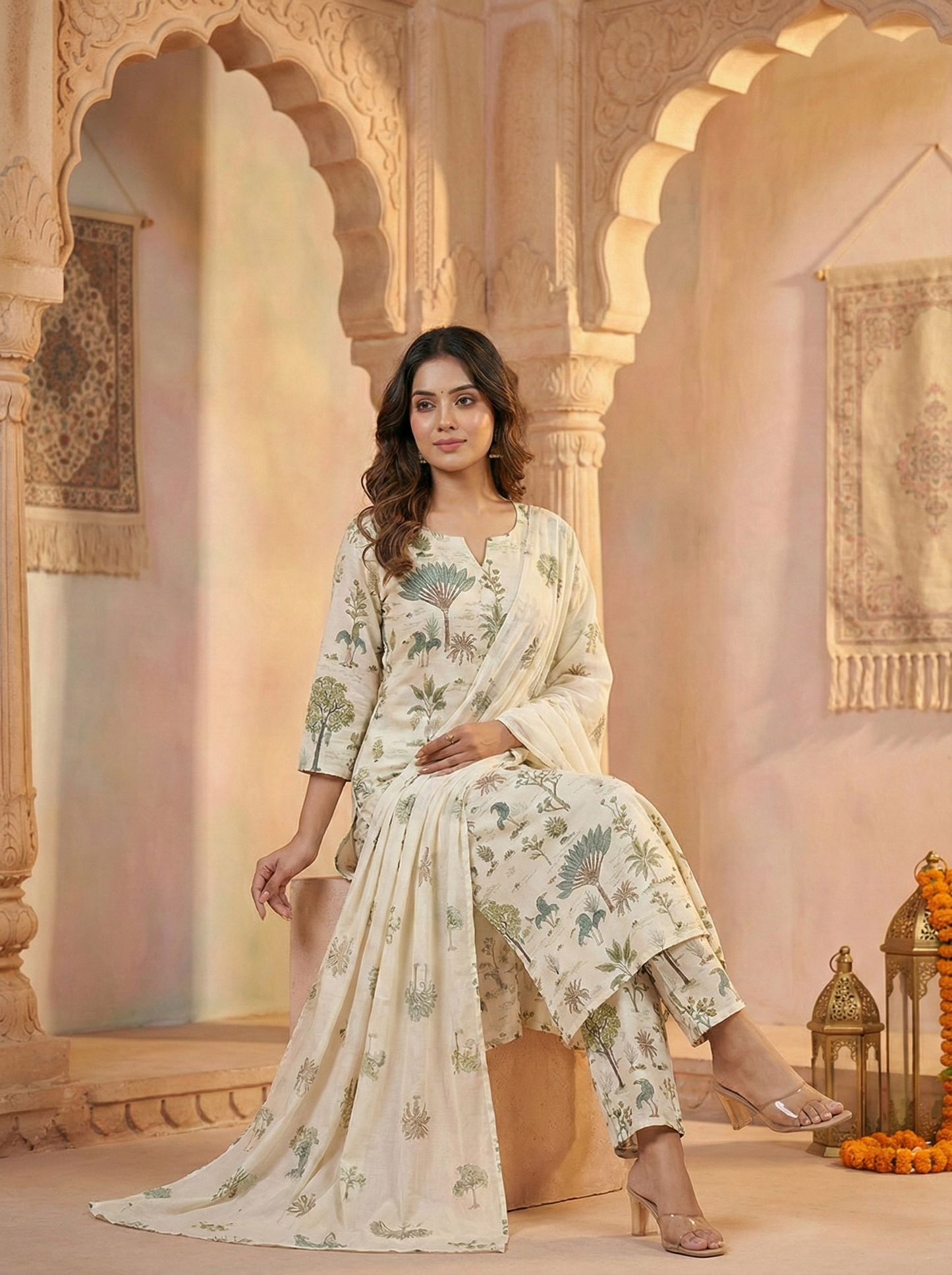 Women's Cream Cotton Kurti Suit with Green Tree Block Print