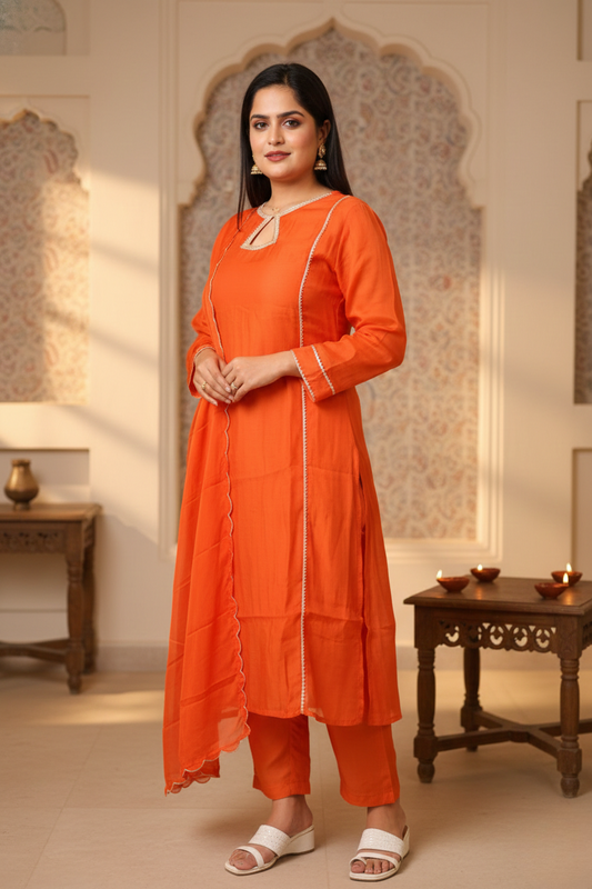 Designer neck line orange suit