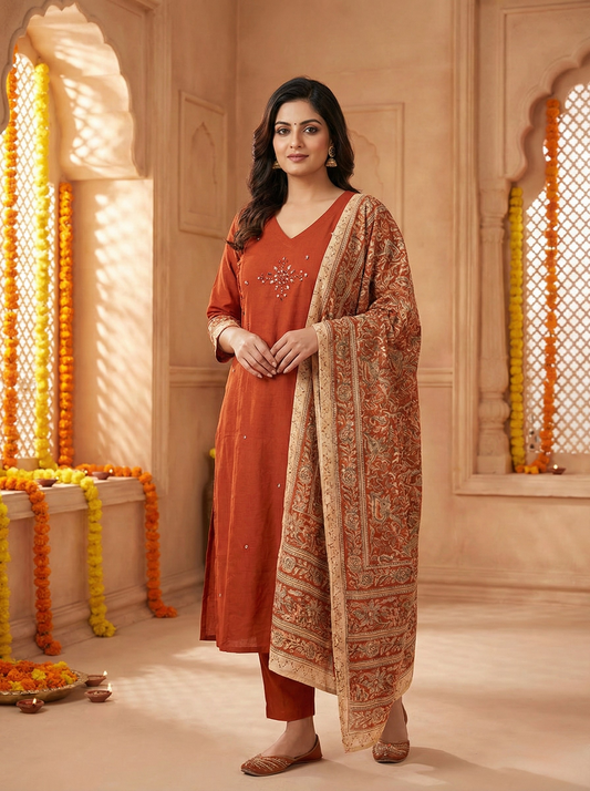 Rust Orange cotton Blend Kurta Pant Set with Heavy Paisley Embroidered Dupatta | Festive Ethnic Wear suit for Women