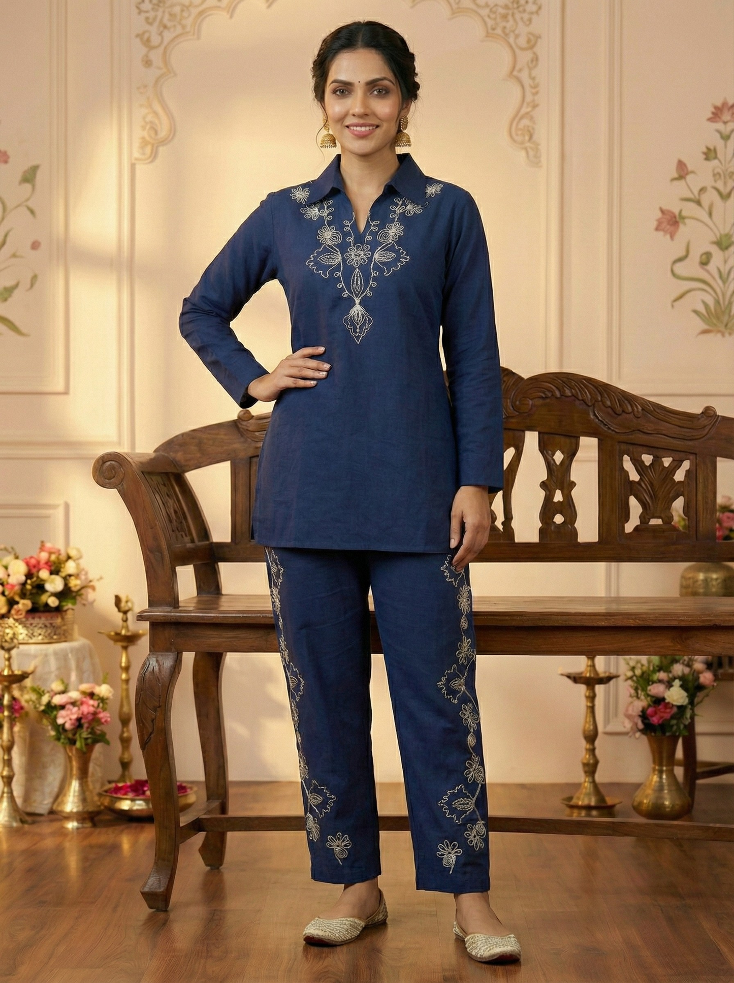 Midnight Sapphire' Navy Blue Embroidered Shirt-Collar Co-ord Set