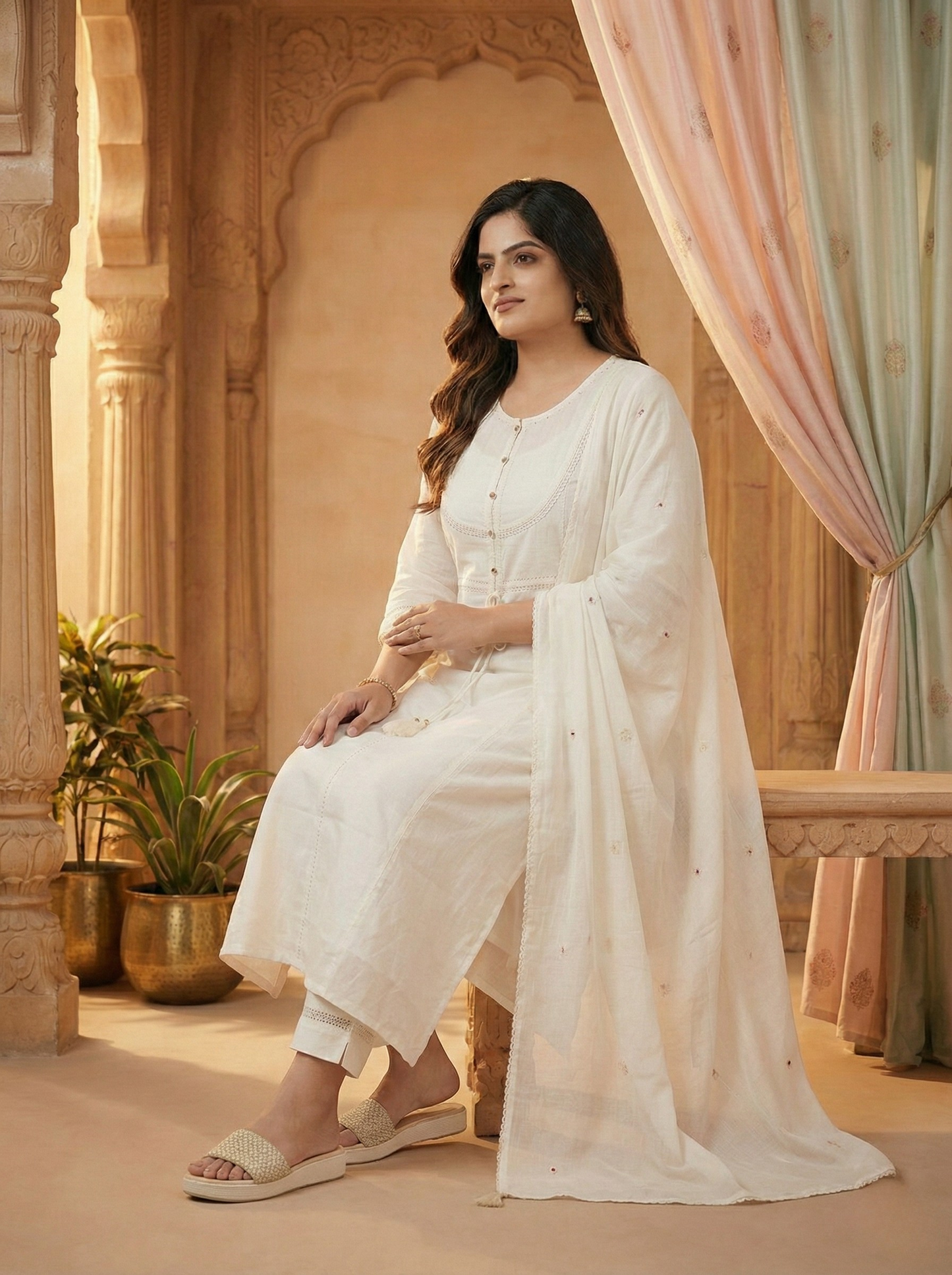 Off-White Cotton Linen Kurta Set with Delicate Embroidery & Lace Dupatta – Women's Elegant Casual Summer Ethnic Wear suit