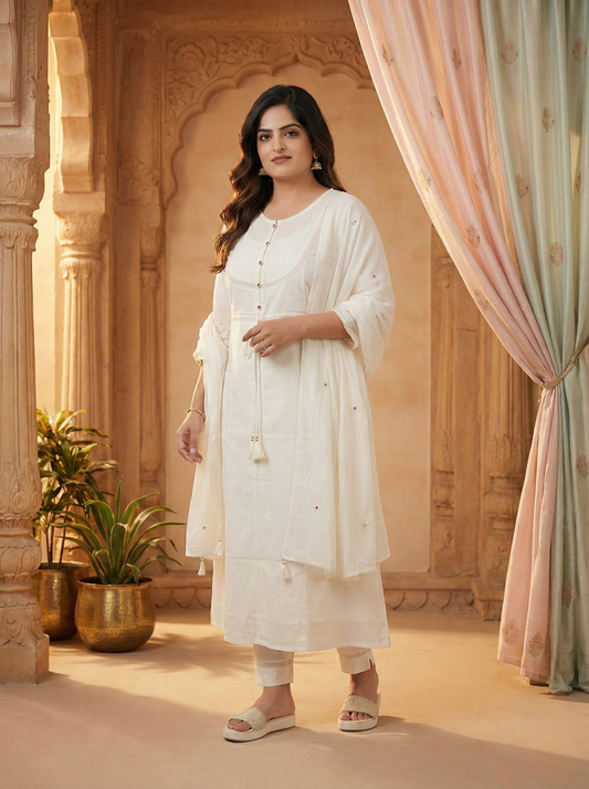 Off-White Cotton Linen Kurta Set with Delicate Embroidery & Lace Dupatta – Women's Elegant Casual Summer Ethnic Wear suit