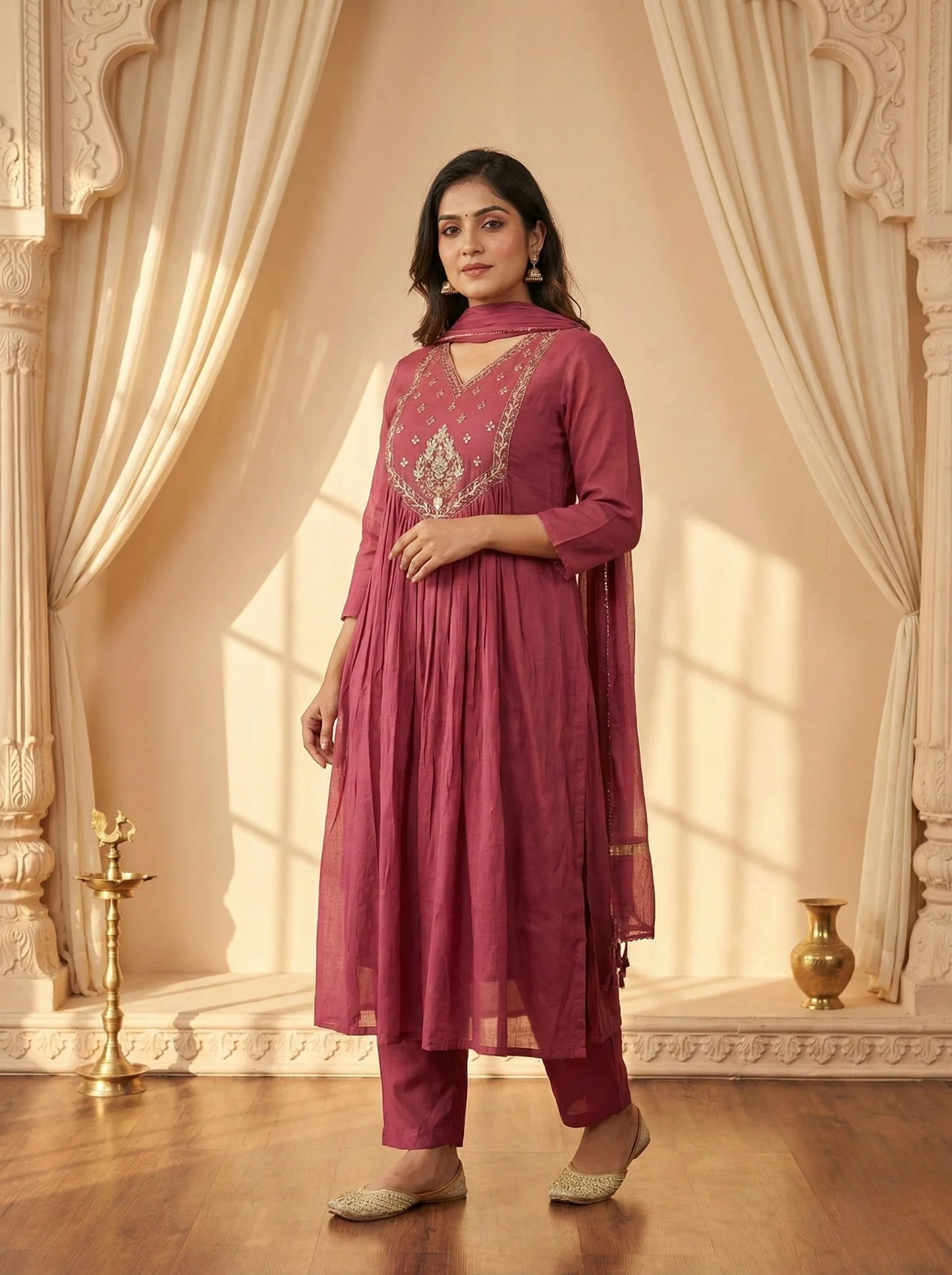 Cherry colour suit with tari work