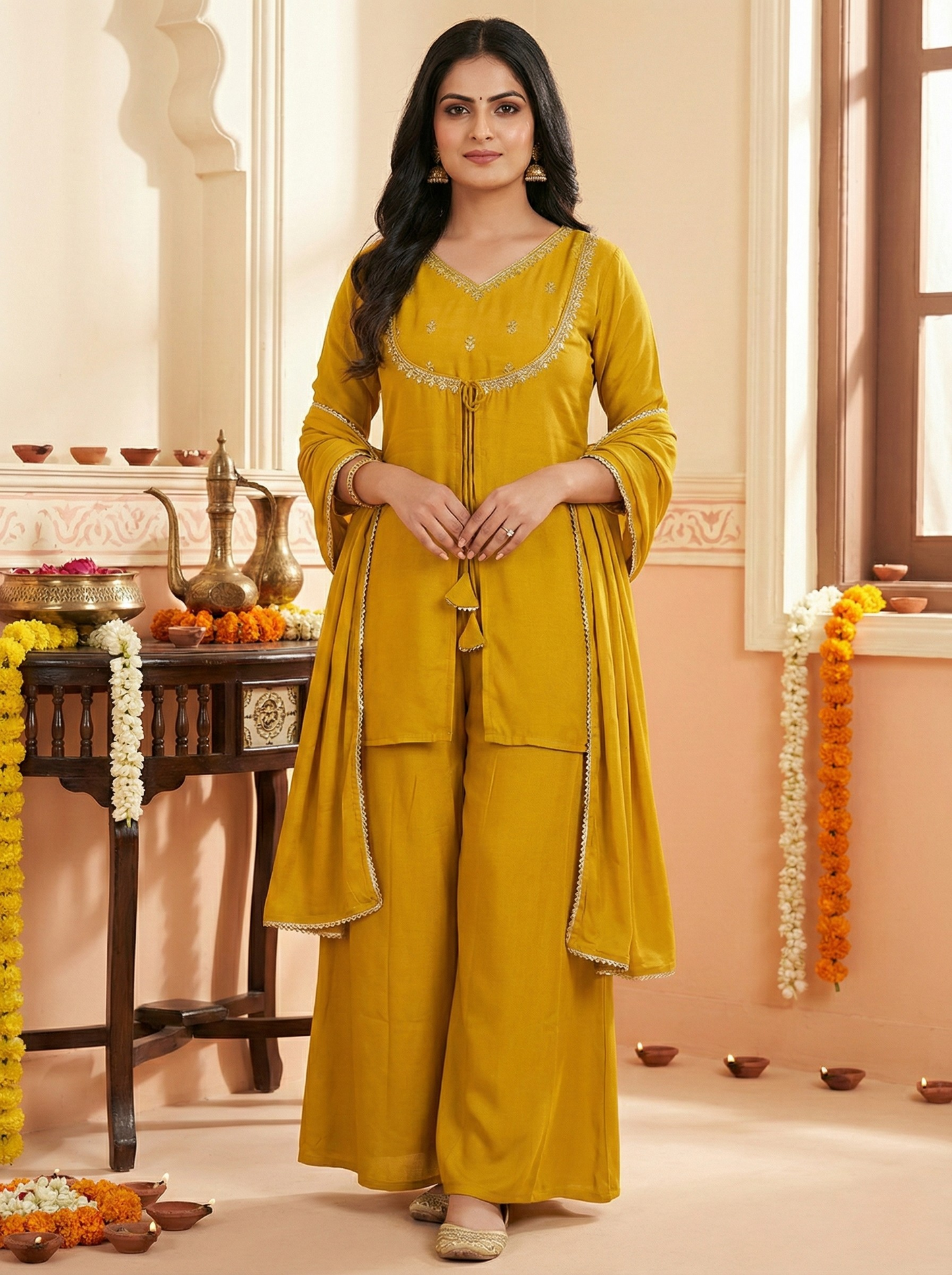 Woman wearing mustard yellow ethnic suit set with dupatta indoors, House Of Kovi festive wear