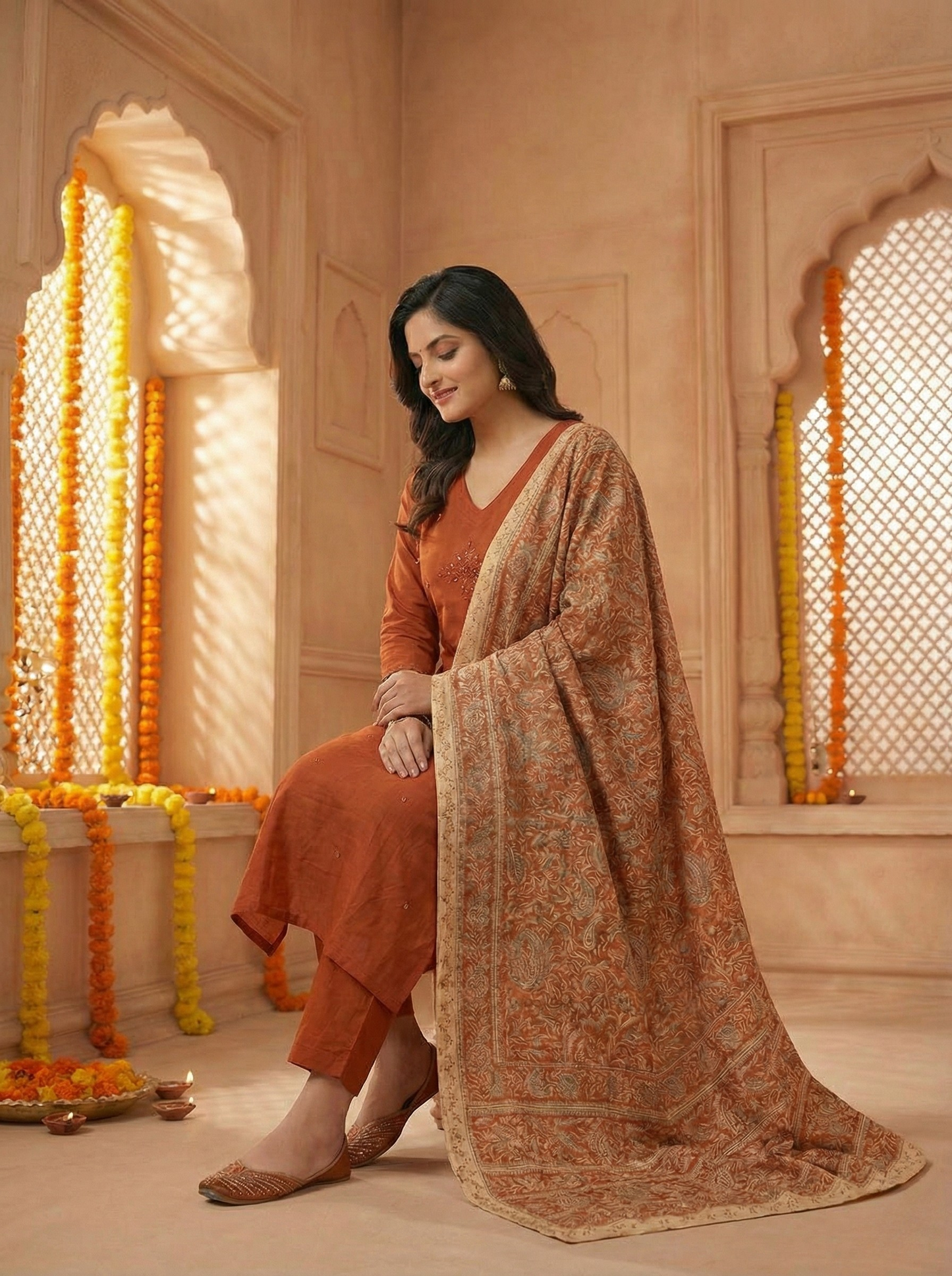 Rust Orange cotton Blend Kurta Pant Set with Heavy Paisley Embroidered Dupatta | Festive Ethnic Wear suit for Women